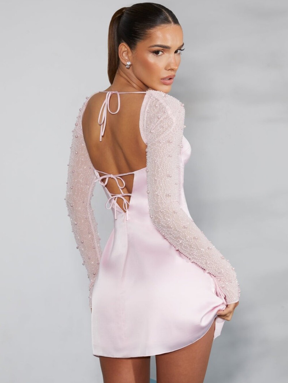 Oh Polly Geneva Long Sleeve Embellished A-line Mini Dress in Blush Pink Size 2 - Picture 5 of 16